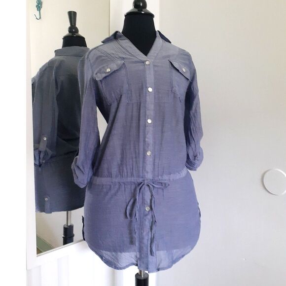 Paper Tee 100% Cotton Light Chambray Drawstring Waist Button TShirt Tunic Dress - Picture 2 of 12